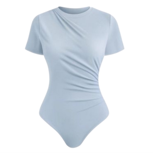 Tops - NWOT: Blue, Elegant, ruched, short sleeve, snap closure, bodysuits (10 Colors)